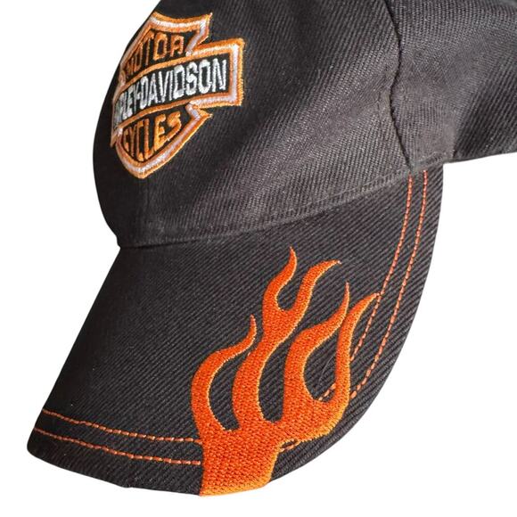 Harley Davidson Motorcycles Black Orange Flame Adjustable Hat Cap Velcro Back OS - Picture 4 of 9